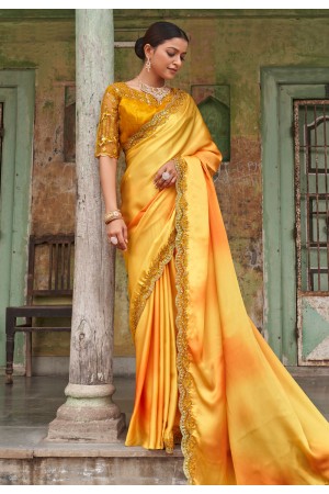Satin Saree with blouse in Yellow colour 1101a