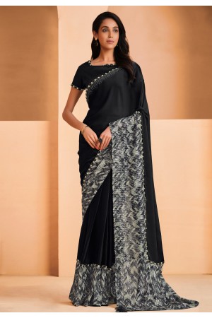 Satin crepe Saree with blouse in Black colour 22909