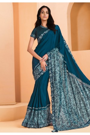 Satin crepe Saree with blouse in Teal colour 22913