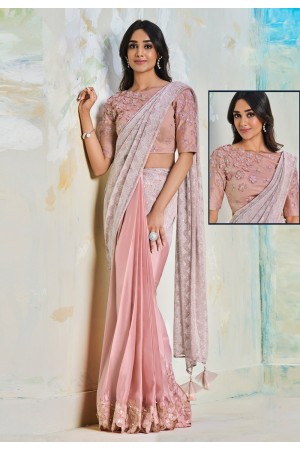 Satin silk Saree with blouse in Pink colour 22402