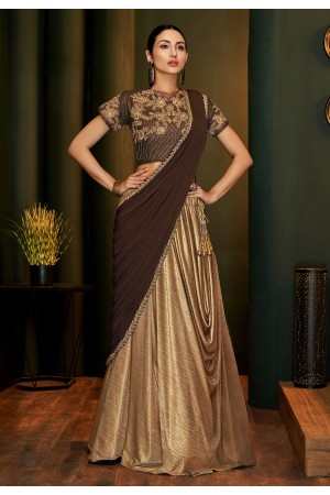 Golden lycra draped party wear saree 5814