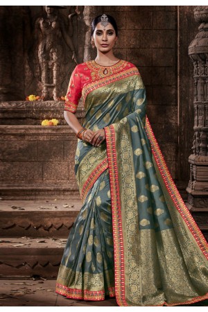 Grey banarasi silk saree with blouse 96652