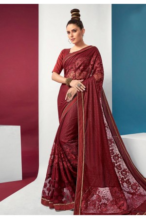 Maroon lycra saree with blouse 94595