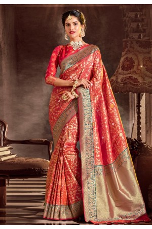 Pink banarasi silk saree with blouse 96654