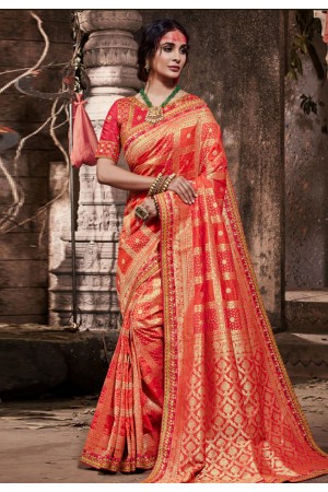 Red banarasi silk saree with blouse 96648