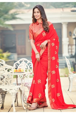 Red silk festival wear saree 94257