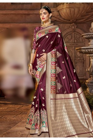 Wine banarasi silk saree with blouse 96658
