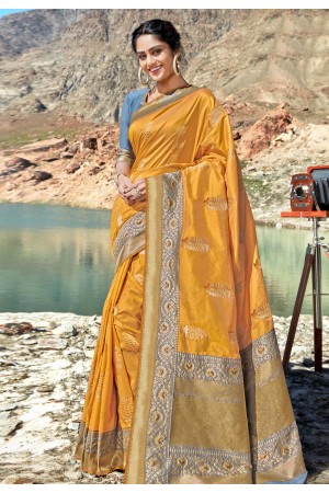 Yellow banarasi silk festival wear saree 96678