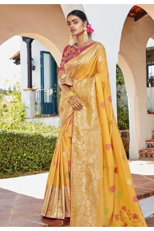 Yellow cotton jacquard saree with blouse 95781