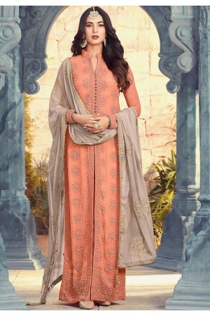 Sonal Chauhan peach and grey georgette wedding anarkali