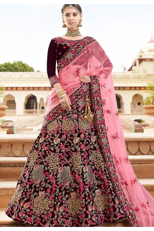 Maroon velvet Indian wedding lehenga