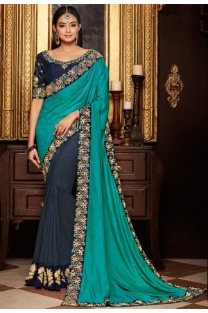 midnight blue and firozi saree with silk blouse 1713
