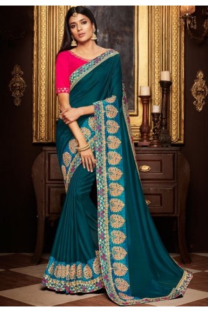 teal blue saree with silk blouse 1719