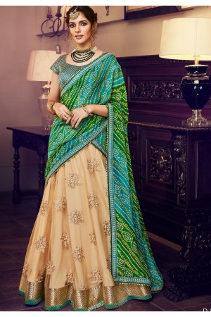 beige green net silk embroidered lehenga choli 4160