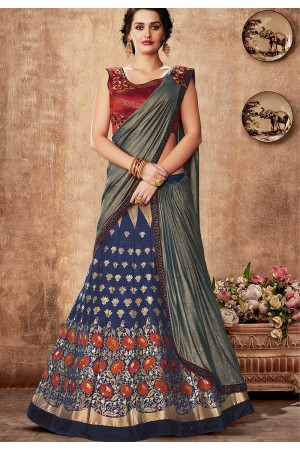 blue maroon silk embroidered lehenga choli 5735