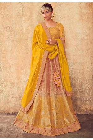 Blush and Yellow color Indian silk wedding lehenga