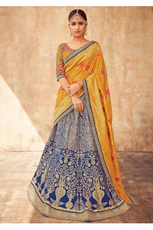 Royal blue and yellow Indian silk wedding lehenga