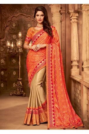 beige and coral orange designer silk saree 2311