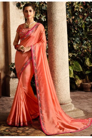 peach saree with embroidered blouse 6165