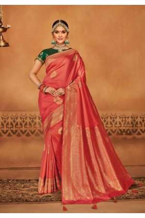 salmon pink silk jacquard saree 984b