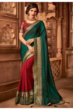 scarlet red and pine green designer silk saree 2310