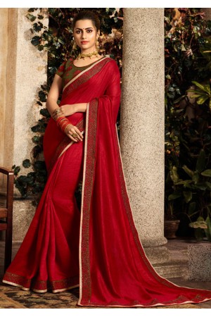 scarlet red saree with embroidered blouse 6167