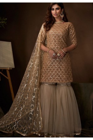 beige net embroidered sharara pakistani style suit 4202