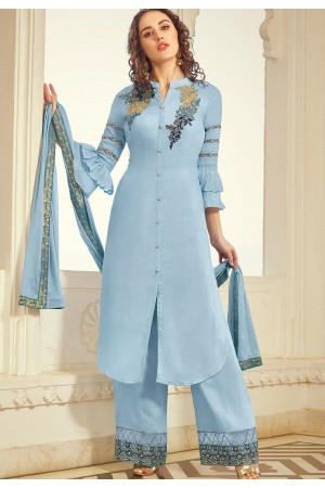 blue muslin embroidered palazzo suit 11001