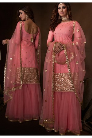 bright pink net embroidered sharara pakistani style suit 4203