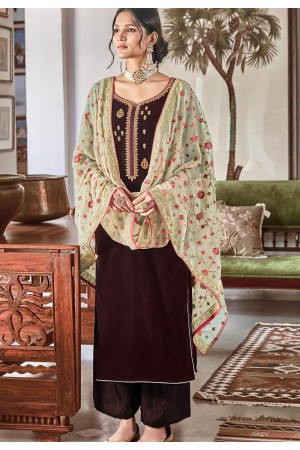 brown velvet embroidered palazzo suit 9105