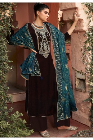 dark brown velvet embroidered palazzo suit 9005