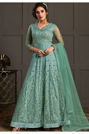 firozi net embroidered long anarkali suit 4598