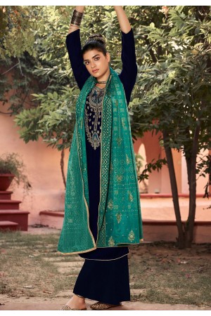 navy blue velvet embroidered palazzo suit 9006