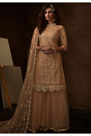 pastel beige embroidered sharara pakistani style suit 4205