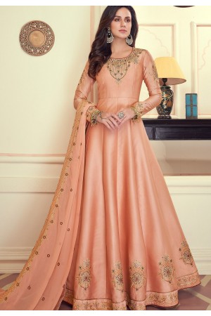 peach art silk embroidered long anarkali suit 9074