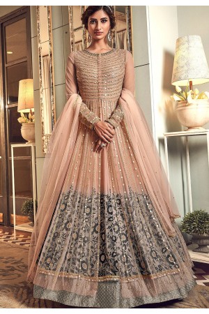 peach net embroidered floor length anarkali suit 6501