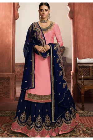 pink blue satin georgette embroidered lehenga style suit 6106