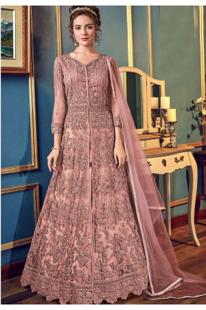 pink net embroidered lehenga style anarkali suit 4557b