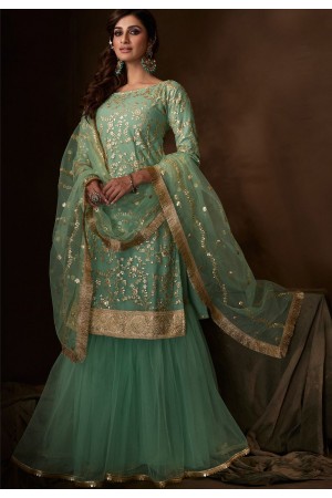 sea green embroidered sharara pakistani style suit 4210