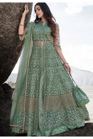 sea green net embroidered lehenga style anarkali suit 83002