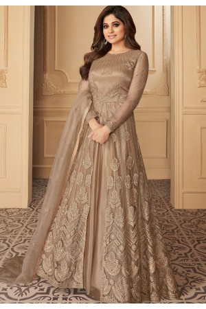 shamita shetty beige net embroidered lehenga style suit 7145