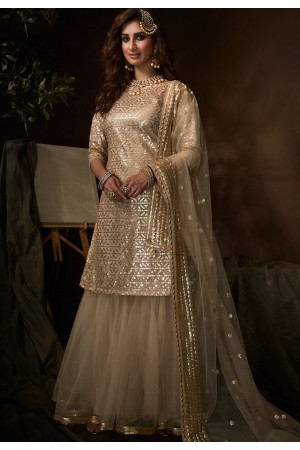 silver beige net embroidered sharara pakistani style suit 4204