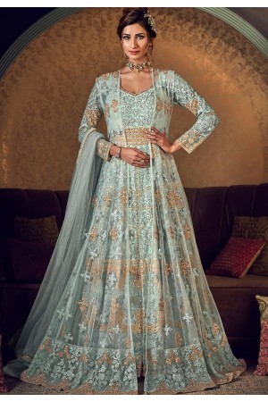sky blue net embroidered anarkali gown suit 6509
