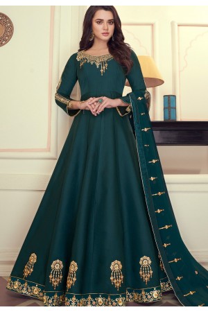 turquoise art silk embroidered long anarkali suit 9075