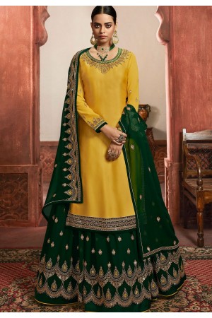yellow green satin georgette embroidered lehenga style suit 6107