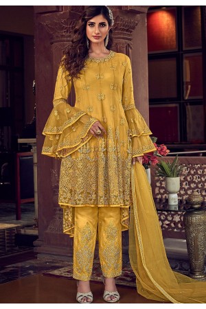 yellow net embroidered pakistani trouser suit 6603