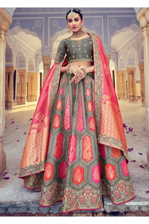 Woven Zari Banarasi silk lehenga choli in Grey and Pink