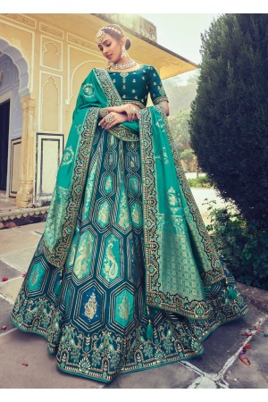 Woven Zari Banarasi silk lehenga choli in Teal green and blue