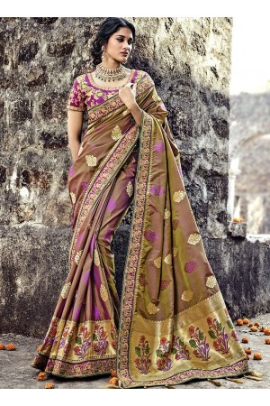 Brown and purple Pure Banarasi Silk wedding wear saree