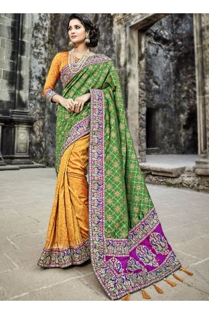 Yellow and green banaras silk wedding wear saree